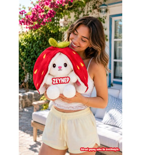 Kişiye Özel İsim Baskılı 50 Cm Pelüş Çilek Tavşan (Kırmızı)