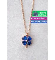 Jewelmim Mavi Taşlı Dört 4 Yapraklı Yonca Gümüş Kolye Rose Altın Kaplama 925 Ayar Kadın Gümüş Yonca Kolye (Rose)