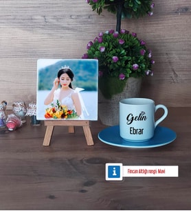 Gelin Fotoğraflı Dekoratif Taş, Ahşap Altlıklı Türk Kahvesi Fincanı Hediye (Model 5)