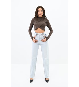 Kadın Dik yaka Drapeli Kapaklı Crop Bluz 1655-24 (Kahverengi)