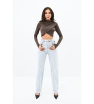Kadın Dik yaka Drapeli Kapaklı Crop Bluz 1655-24 (Kahverengi)