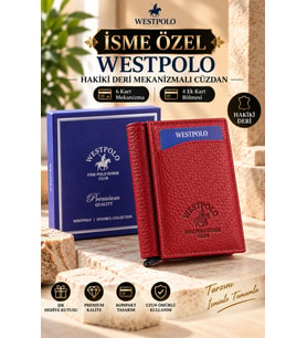 Westpolo Hakiki Deri İsme Özel Erkek Mekanizmalı Cüzdan (Kırmızı)