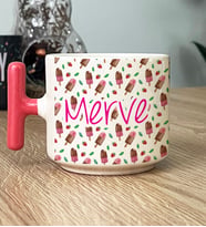 Kişiye Özel İsim Yazılı Hediye T Kupa Bardak Dondurma Desenli (Pembe)