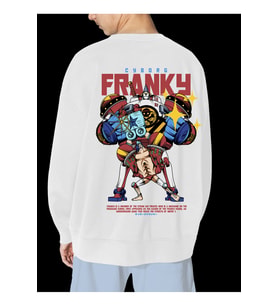Unisex Siyah Franky Baskılı Hoodie Oversize Kapşonsuz Sweatshirt (Beyaz)
