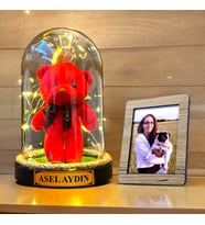 Kişiye Özel Fotoğraflı ve İsimli Hediye Seti, Renkli Peluş ve Led Işıklı Fanus HA3 (Kırmızı)
