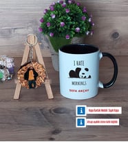 Sevimli Panda Kupa Bardak Beyaz ve Fotoğraflı Ahşap Anahtarlık Hediye (Model 11)