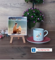 Anneye Doğum Günü Hediyesi Fotoğraflı Dekoratif Taş, Ahşap Altlıklı Türk Kahvesi Fincanı Hediye (Model 6)