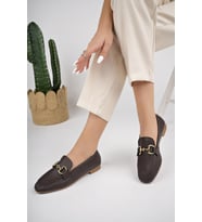 Muggo LİZA Garantili Metal Tokalı Kadın Loafer Günlük Ayakkabı (Kahverengi)