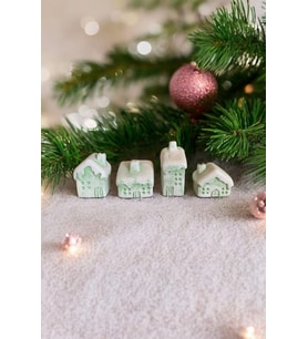 Dekoratif Beton 4'lü Yılbaşı Temalı Karlı Noel Evleri Biblo Seti Yılbaşı Süsleri Hediyelik 3x5cm (Yeşil)