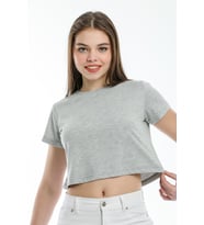 Süperlife Kadın Bisiklet Yaka Crop Örme Slim Fit Tişort SPR21Y13 (Grimelanj)
