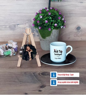 Acil Tıp Teknisyeni Türk Kahvesi Fincanı Ahşap Altlıklı ve Fotoğraflı Ahşap Anahtarlık Hediye (Model 7)