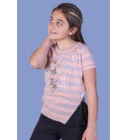 Toontoy Kız Çocuk Çizgili Kelebek Baskılı Tişört (Somon)