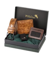 Polo Air Kutulu Erkek Spor Çakmak Kemer Cüzdan Kartlık Seti CM-08 (Taba)