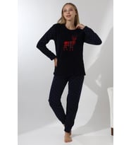 Fawn 5016 Peluş Welsoft Polar Kışlık Yumoş Geyikli Kadın Pijama Takımı (Lacivert)
