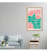 Tekli Ahşap Lamine Çerçeveli Mdf Tablo Pembe Çizgisel Çiçekler (Ahşap)