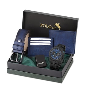 Polo Air Erkek Set Kombin Kemer Cüzdan Kartlık Çakmak Kol Saati Hediyelik Kutusunda Set PL-0976E (Lacivert)