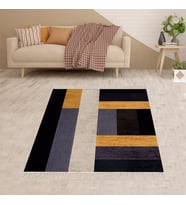 Geometrik Desenli Renk Bloklu Dijital Baskı Yıkanabilir Kaymaz Taban Modern Salon Halısı (Siyah)