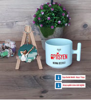 Optisyen Kupa Bardak Beyaz ve Fotoğraflı Ahşap Anahtarlık Hediye (Model 12)