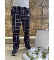 Erkek %100 Pamuk Kareli Beli Lastikli Cepli Pijama Altı  (Lacivert)