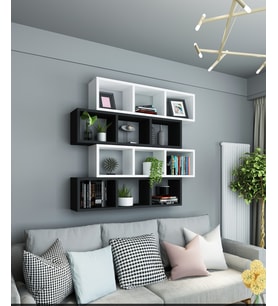 Kitaplık Modern Duvar Rafı Salon Yatay 4 Lü Takım Sarı Beyaz (Siyah - Beyaz)
