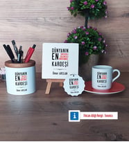 Erkek Kardeş Hediye Seti Dekoratif Taş, Kalemlik, Ahşap Altlıklı Türk Kahvesi Fincanı, Ahşap Anahtarlık Hediye (Model 8)