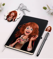 BK Gift Kişiye Özel Kadın Animasyon Karikatürlü Beyaz Defter Kalem Ve Anahtarlık Hediye Seti-11 (Model 2)