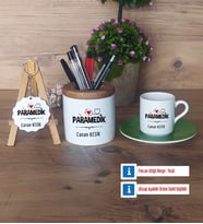 Paramedik Hediye Sepeti Kalemlik, Türk Kahvesi Fincanı Kırmızı, Ahşap Anahtarlık Hediye (Model 7)