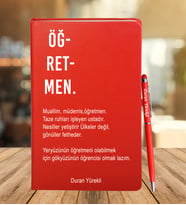 Öğretmen Tasarımlı Deri Defter Ve Metal Roller Kalem (Kırmızı)