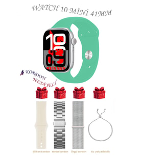 Samsung Galaxy M40 Uyumlu Açık Mavi Akıllı Saat Watch 10 Mini Kordon Hediyeli AMOLED EKRAN 41MM (Su Yeşili - Beyaz)
