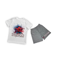 unisex Spiderman baskılı pamuklu kumaş kısa kollu şortlu ikili çocuk takımı (Beyaz)