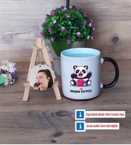 Sevimli Panda Kupa Bardak Beyaz ve Fotoğraflı Ahşap Anahtarlık Hediye (Model 9)