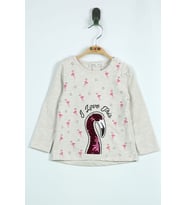 Toontoy Kız Bebek Flamingo Nakışlı T-Shirt (Kahve Melanj)