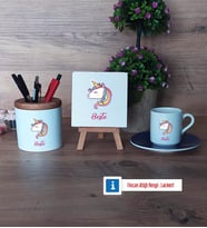 Unicorn Hediye Seti Dekoratif Taş, Kalemlik, Ahşap Altlıklı Türk Kahvesi Fincanı Hediye (Model 4)