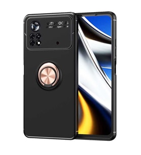 Xiaomi Poco M4 Pro 4G Kılıf Zore Ravel Yüzüklü Silikon Kılıf (Siyah-Rose Gold)