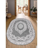 Dijital Baskılı Kaymaz Taban Yıkanabilir Oval Salon Halısı Mutfak Halısı Yolluk NDO-HT-1376 (Beyaz-Gri)