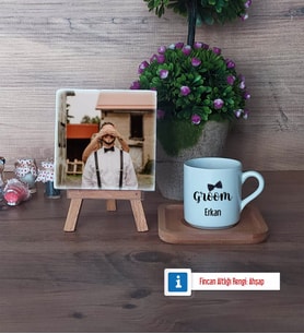 Groom Fotoğraflı Dekoratif Taş, Ahşap Altlıklı Türk Kahvesi Fincanı Hediye (Model 1)