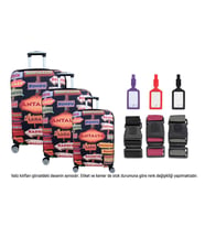 Bagacar Kalp 3lü Set Valiz Kılıfı, 3 lü Valiz Kemeri, 3lü Valiz Etiketi (A.HAKI-SARI-BEYAZ)