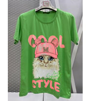 LOVE RAİN FASHİON KEDİ BASKILI T-SHİRT (Yeşil)