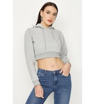 Kadın Kapüşonlu Crop Sweatshirt (Gri)