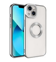 Apple iPhone 14 Kılıf Logo Yeri Açık Kamera Lens Korumalı Renkli Kenarlı Şeffaf Silikon (Gümüş)