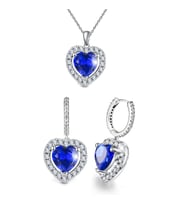 Yantra Silver 925 Ayar Gümüş Kalpli Zirkon Taşlı Sallantılı Kolye ve Küpe Seti (Mavi)