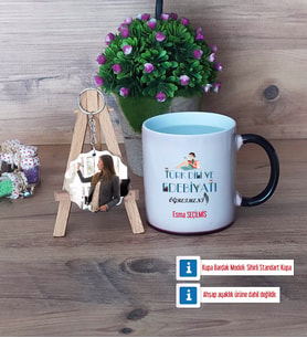 Kadın Türk Dili ve Edebiyatı Öğretmenine Hediye Kupa Bardak Beyaz ve Fotoğraflı Ahşap Anahtarlık Hediye (Model 9)