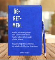 Öğretmen Tasarımlı Deri Defter Ve Metal Roller Kalem (Mavi)
