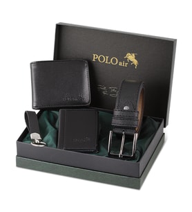 Polo Air Kemer Cüzdan Kartlık Anahtarlık Hediyelik Kombin HM-12 (Siyah)