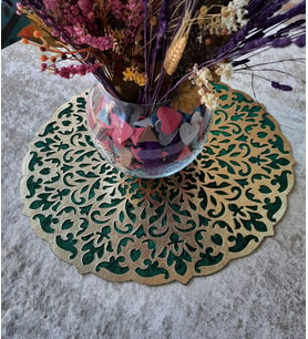 runner/yuvarlak/orta sehpa örtüsü/supla/s.deri işlemeli/46cm/ (Yeşil-Altın)