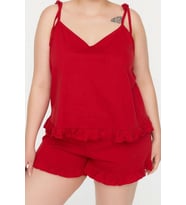 Tarz Rahat Büyük Beden Uzun Kollu Geniş Paça Fırfır Detaylı Askılı Örme Pijama Takımı (Kırmızı)
