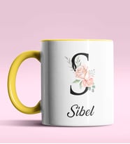 Kişiye Özel S Harfi Temalı Gül Tasarım Siyah Renk Kupa (Sarı)