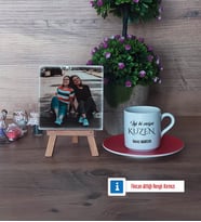 Kuzene Hediye Fotoğraflı Dekoratif Taş, Ahşap Altlıklı Türk Kahvesi Fincanı Hediye (Model 3)