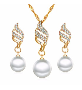 Zirkon Taşlı,  İnci Altın Kaplama 2 Renk Kolye, Küpe,Takı Seti (Gold)
