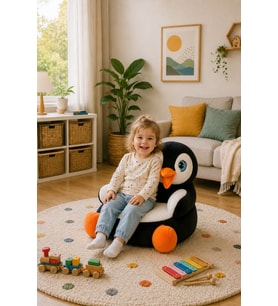 Penguen Peluş Bebek - Çocuk Koltuğu %100 Yerli (Beyaz - Siyah - Turuncu)